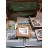 8 MISCELLANEOUS PICTURES INCLUDING GILT FRAMED OIL ON CANVAS LAKE SCENE