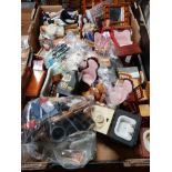 A BOX OF DOLLS HOUSE FURNITURE AND DOLLS ETC