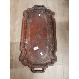 MAHOGANY ORIENTAL STYLE TWIN HANDLED SERVING TRAY