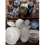 2 BOXES OF ASSORTED WARE INC SILVER PLATED WARE COLCLOUGH TEA WARE ETC