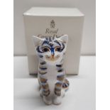 ROYAL CROWN DERBY GREY KITTEN PAPERWEIGHT WITH GOLD STOPPER AND ORIGINAL BOX