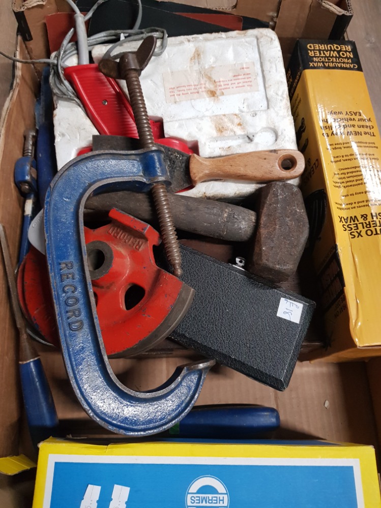 A BOX OF ASSORTED TOOLS INC HAMMERS SANDING BELTS ETC