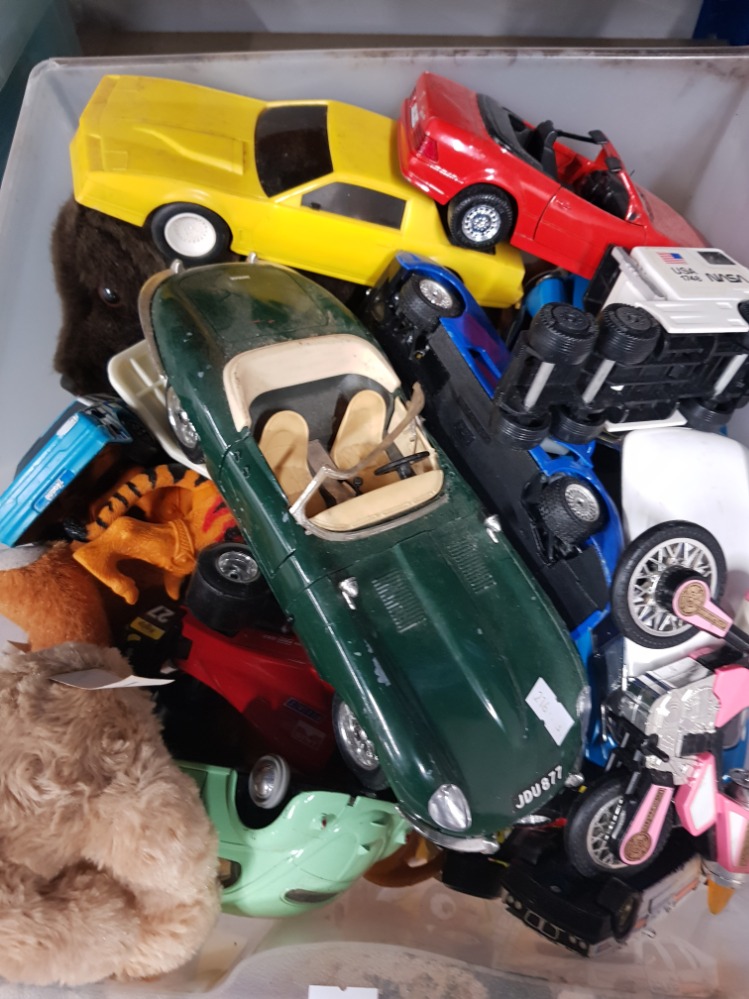 A BOX OF ASSORTED TOYS INC JAGUAR CAR BY BURAGO ETC