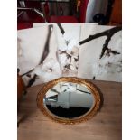 GILT FRAMED OVAL SHAPED MIRROR AND 3 FLORAL PATTERNED WALL CANVASES