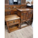OLD CHARM OAK LINEN FOLD CUPBOARD AND SINGLE DRAWER LAMP TABLE