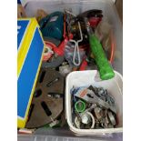 BOX CONTAINING MISCELLANEOUS TOOLS INCLUDING HAMMER AND SAWS
