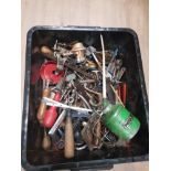 A BOX OF ASSORTED TOOLS INC OIL CAN ETC