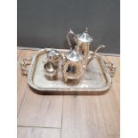 SILVER PLATED TWIN HANDLED TRAY AND 4 OTHER PIECES INCLUDING TEAPOTS ETC