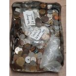 BOX OF COINAGE MAINLY FOREIGN CURRENCY ALSO INCLUDES FARTHINGS ETC