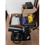 4 BOXES CONTAINING ELECTRICALS INC SPEAKERS PLAYSTATION DRIVERS WHEEL ETC