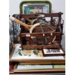 QTY OF FRAMED PRINTS AND FRAMELESS MIRROR PLUS MAG RACK AND VINTAGE TENNIS RACKET