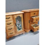 2 MINATURE CHESTS JEWELLERY BOXES CONTAINING A VARIETY OF COSTUME RINGS NECKLACES AND CUFFLINKS ETC