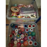 2 BOXES CONTAINING SEWING MATERIALS RIBBONS ETC