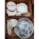 2 BOXES CONTAINING BLUE AND WHITE TOILET JUG SET AND STAFFORDSHIRE DOG ETC