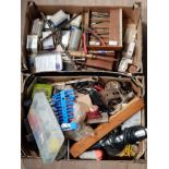 2 BOXES OF VINTAGE HAND TOOLS AND DRILL BITS