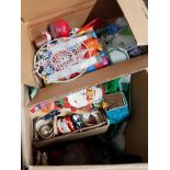 BOX OF CHRISTMAS DECORATIONS INCLUDING BAUBLES AND MERRY LIGHTS ETC