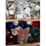 2 BOXES OF MISCELLANEOUS CHINA AND COLOURED GLASS