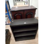 MODERN 3 SHELF UNIT TOGETHER WITH MAHOGANY CUPBOARD