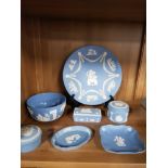 7 PIECES OF WEDGWOOD BLUE JASPER WARE