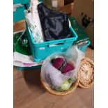 3 PLASTIC BOXES AND WICKER BASKET CONTAINING A VARIETY OF MATERIALS