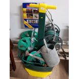 2 GARDEN HOSE ON REELS WITH GARDEN SEEDER AND WATERING CAN PLUS BOXED DIMPLEX MULTI PURPOSE HEATER