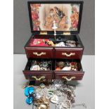 MUSIC JEWELLERY CHEST CONTAINING COSTUME JEWELLERY INCLUDING CAMEO BROOCH AND NECKLACES PLUS 2 OTHER