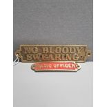 2 CAST METAL SIGNS RADIO OFFICER AND NO BLOODY SWEARING