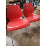 2 MODERN RED CHAIRS WITH METAL SUPPORTS