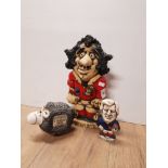 SIGNED RUGBY PLAYER AND 2 OTHER POTTERY ORNAMENTS