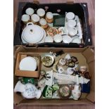2 BOXES OF MISCELLANEOUS CHINA INCLUDING ROYAL DOULTON GOLD LACE TUREEN AND CANTERBURY TEA CUPS