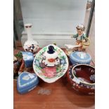 9 PIECES OF MISCELLANEOUS CHINA INCLUDES CLOISONNE BOWL AND WEDGWOOD JASPER WARE ETC