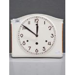 ORIGINAL ART DECO WALL CLOCK CREAM WITH BROWN MOTTLED SHOULDERS WITH KEY