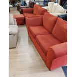 2 RED UPHOLSTERED TWO SEATER SETTEES AND MATCHING STORAGE FOOTSTOOL