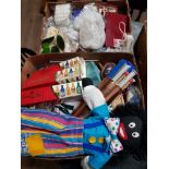 BOX OF SEWING MATERIALS AND SEWING NEEDLES PLUS VINTAGE DOLL ETC