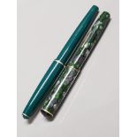 GREEN PARKER FINE POINT PEN AND GREEN MARBLED BURNHAM FINE POINT PEN