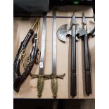 6 ORNAMENTAL WEAPONS 2 SWORDS AND 2 HAND AXES PLUS 2 FLINT LOCK PISTOLS