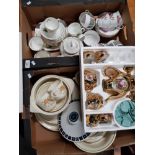 2 BOXES OF MISCELLANEOUS CHINA INCLUDES ADDERLEY AND GILTED MINATURE SET