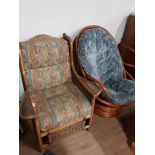 1 WICKER CONSERVATORY ARMCHAIR AND 1 CANE SWIVEL ARMCHAIR