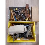 2 BOXES OF ASSORTED TOOLS INC PLANES SANDING PAPER ETC