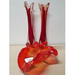 2 MURANO COLOURED GLASS VASES AND 1 LEAF DISH