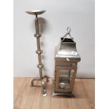 METAL AND GLASS DOORED LANTERN PLUS CHROME EFFECT CANDLE HOLDER