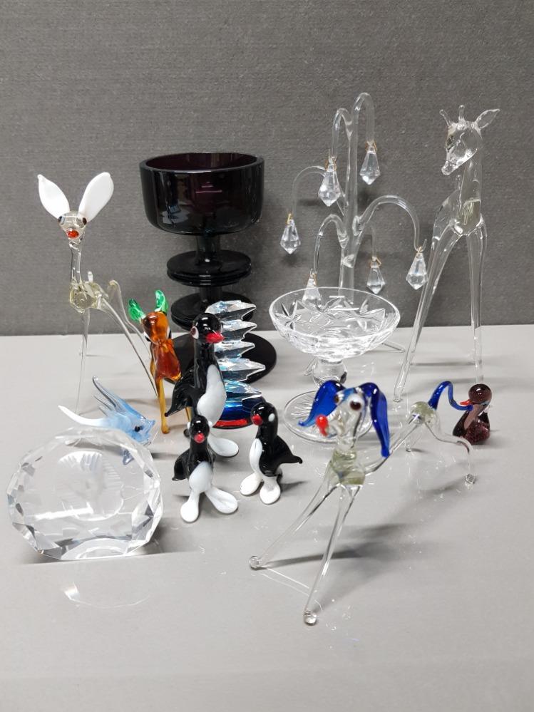 QUANTITY OF GLASS ANIMALS AND SMALL CRYSTAL DROP TREE ETC