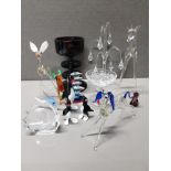 QUANTITY OF GLASS ANIMALS AND SMALL CRYSTAL DROP TREE ETC