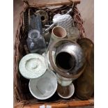 A WICKER BASKET CONTAINING MISC INC BRASS WARE GLASS WARE ETC