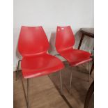 2 MODERN RED CHAIRS WITH CHROME SUPPORTS