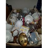 A BOX OF ASSORTED WARE INC PORCELAIN GLASS AND BRASS WARE