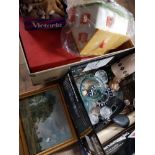 BOX AND VINTAGE CASE CONTAINING MISCELLANEOUS ITEMS INCLUDES GLASSWARE SEA SHELLS AND LP RECORDS