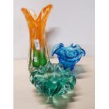 3 PIECES OF MURANO COLOURED GLASS VASE AND 2 BOWLS