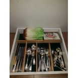 A BOX OF ASSORTED CUTLERY AND A SYLVAC JUG AND MALING PLATE