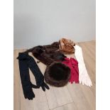 2 FUR STOLES 2 HATS AND ASSORTED GLOVES